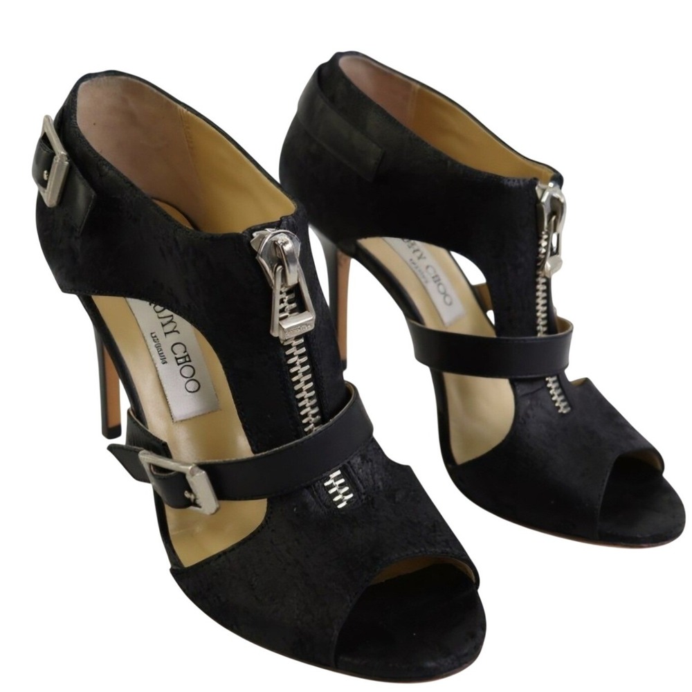 Jimmy Choo Max Was Black Waxed Suede Caged Front Zip Heels 38 Stiletto Lux